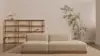 Minimalist living room with a light beige sofa in the center, a wooden bookshelf with a few books and decorative items on the left, and a potted plant on the right, against a plain off-white wall.