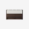 A modern wooden headboard with a dark brown finish and a rectangular white upholstered cushion along the top section, set against a plain white background.