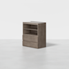 A wooden storage unit with a light brown finish, featuring two open shelves on top and two closed drawers below, placed on a plain white background.