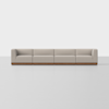 A modern, four-seat sectional sofa with light beige upholstery and a wooden base, set against a plain white background.