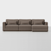 A modern, brown sectional sofa with three seat cushions, three back cushions, and three matching lumbar pillows, featuring a right-side chaise lounge, set against a plain white background.