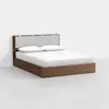 A modern wooden platform bed with a light gray upholstered headboard, neatly made with white bedding and two white pillows, set against a plain white background.