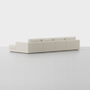 A modern, minimalist sectional sofa in light beige fabric, featuring clean lines and low rectangular cushions, is set against a plain white background.