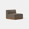 Armless modular sofa chair with taupe upholstery and a wooden base, set against a plain white background.