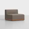 Armless modular sofa chair with taupe upholstery and a wooden base, set against a plain white background.