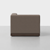 A modern brown fabric sofa viewed from the side, featuring clean lines and a dark wooden base, set against a plain white background and light floor.