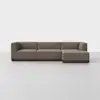 A modern, L-shaped sectional sofa with brown upholstery and a low wooden base, set against a plain white background.
