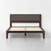 A modern wooden bed frame with a dark brown finish and a rectangular fabric-upholstered headboard, shown without a mattress against a plain white wall.
