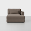 A modern, brown upholstered chaise lounge with a right armrest and a matching rectangular cushion, set against a plain white background.