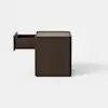 A dark brown, rectangular wooden box or cube sits centered on a light gray surface against a plain white background.