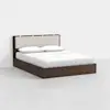 A modern bed with a dark wooden frame and a beige upholstered headboard, neatly made with white sheets, pillows, and a white blanket, set against a plain white background.