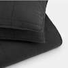 A neatly stacked set of dark gray quilted bedding, including a pillow and a blanket, displayed against a white background.