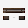 Three dark brown wooden panels and four screws are arranged on a white background, with one long rectangular panel at the top and two shorter panels and screws below it.