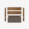 Disassembled bed frame parts arranged on a white background, including two wooden side rails, a wooden footboard and headboard, and a rectangular upholstered panel.