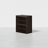 A dark brown wooden shelving unit with three open shelves, standing on a light grey floor against a plain white background.