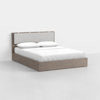 A modern platform bed with a light wood frame, upholstered headboard, and white bedding with two pillows, set against a plain white background.