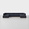 A large, modern, dark blue sectional sofa with clean lines and low backrests sits on a light gray floor against a plain white background. The sofa has a wooden base and is arranged in a U-shape.