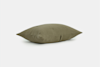 A rectangular, olive green pillow with a textured fabric surface, lying on a plain white background.