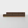 A modern, minimalist sectional sofa with brown upholstery and a wooden base, set against a plain white background. The sofa has three seat sections and an attached chaise lounge on the left side.