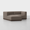 A modern, brown L-shaped sectional sofa with clean lines and low wooden base, set against a plain white background.