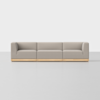 A modern, light gray three-seat sofa with wooden base, set against a plain white background. The sofa has clean lines and a minimalist design.
