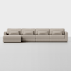 A modern, light beige sectional sofa with four seats and matching rectangular cushions, set against a plain white background.