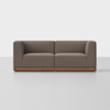 A modern, two-seater sofa with brown upholstery and a wooden base, set against a plain white background.