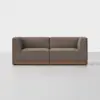 A modern, two-seater sofa with brown upholstery and a wooden base, set against a plain white background.