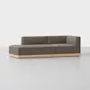 A modern sectional sofa with brown upholstery and a light wooden base, featuring a left-side chaise and clean, minimalist lines, set against a plain white background.
