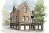 Watercolor-style illustration of a two-story red brick building with arched windows and trees nearby. The storefront reads THUMA, and large windows display interior furniture. A streetlamp stands at the corner.