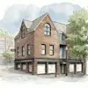 A two-story brick building with large windows, a peaked roof, and THUMA signage on the ground floor sits on a corner near leafy trees and a lamppost. The scene has a watercolor illustration style.
