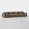A modern, long brown sectional sofa with four seat cushions and four matching back cushions, set against a plain white background.