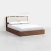 A modern bed with a wooden frame, a light upholstered headboard, white bedding, and two pillows, shown against a plain white background.
