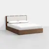 A modern bed with a wooden frame, a light upholstered headboard, white bedding, and two pillows, shown against a plain white background.