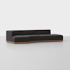 A modern, low-profile sectional sofa with dark cushions and a wooden base, set against a plain white background. The sofa has clean lines and a minimalist design.
