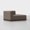 A modern, armless brown fabric chaise lounge with a low wooden base, set against a plain white background.