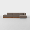 A modern, sectional sofa with brown upholstery and a low wooden base, set against a plain white background. The sofa features clean lines and an L-shaped design with an extended chaise on the right side.