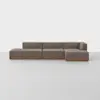 A modern, sectional sofa with brown upholstery and a low wooden base, set against a plain white background. The sofa features clean lines and an L-shaped design with an extended chaise on the right side.