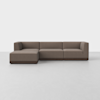 A modern, L-shaped sectional sofa with brown upholstery and a low, dark wooden base, set against a plain white background on a light-colored floor.