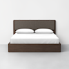 A modern wooden bed frame with a dark brown finish, featuring a rectangular upholstered headboard and two white pillows, neatly made with a white sheet, set against a plain white wall.