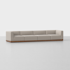 A modern, light gray sectional sofa with square arms and backs, featuring a wooden base, set against a plain white background.
