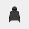 A plain black hoodie with a front pocket and drawstrings, displayed on a light gray background.