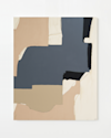 Abstract painting featuring irregular beige, tan, cream, and dark blue shapes with overlapping edges on a white background, creating a modern, minimalist composition.