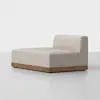 A modern chaise lounge with light beige upholstery, a low backrest on one side, and a wooden base, set against a plain white background.
