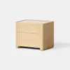 A wooden nightstand with two drawers, featuring smooth edges and a light natural finish, placed on a light gray surface against a plain white background.