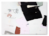 Abstract painting featuring large black, pink, and beige shapes with bold brushstrokes on a white background, accented by thin black lines and subtle patches of muted green and gray.