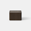 A dark wood rectangular nightstand with a single large drawer partially open, set on a light grey background.