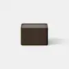 A dark wood rectangular nightstand with a single large drawer partially open, set on a light grey background.