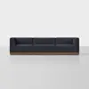 A modern, dark blue three-seat sofa with a wooden base, positioned against a plain white background. The sofa has clean, square lines and a minimalist design.