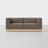 A modern, minimalist brown two-seater sofa with wooden base, set against a plain white background.